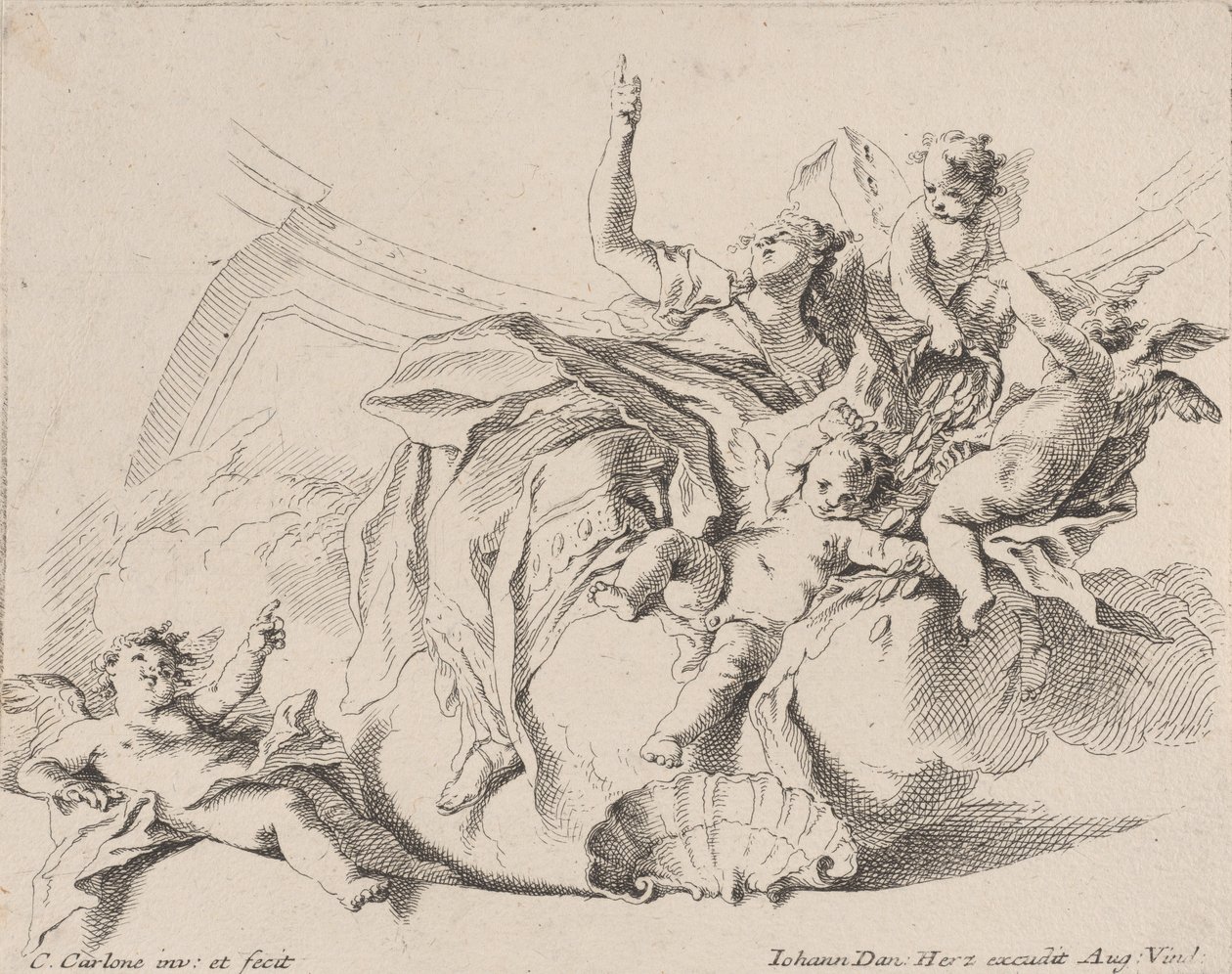 Rijkdom, vertegenwoordigd door een vrouw zittend op wolken en omringd door putti, een van hen is..., 1725-75 door Carlo Innocenzo Carloni