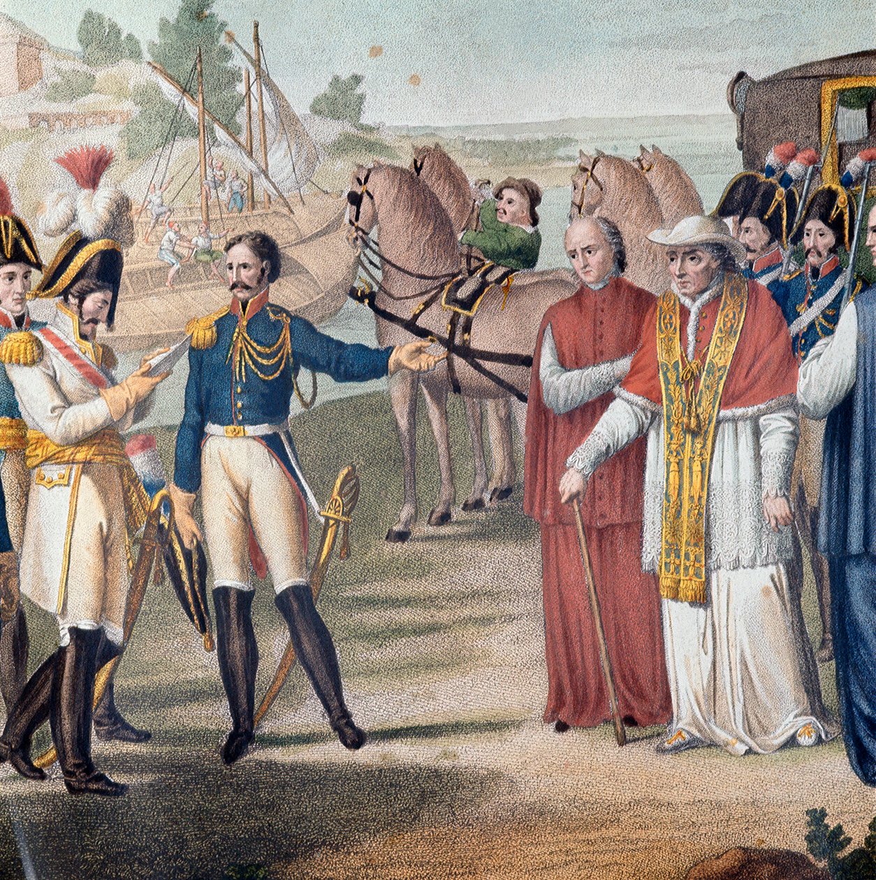 Paus Pius VII (Pio) (1742-1823) werd gearresteerd bij zijn terugkeer naar Italië door het Oostenrijks-Neapolitaanse leger nabij Parma op 25 maart 1814 - Gravure door Carlo Lasinio (1759-1838) - Kleur lithografie door Carlo Lasinio