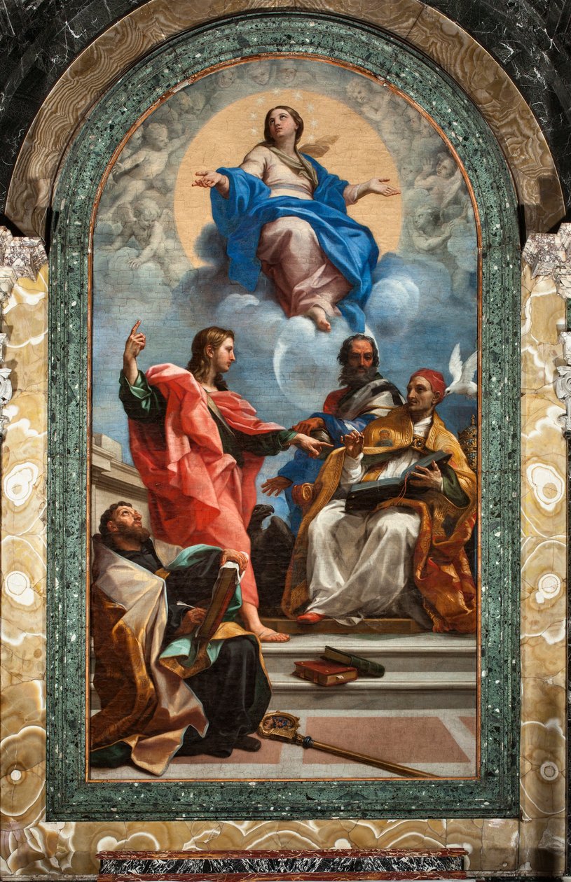Onbevlekte Ontvangenis en Sint Jan de Evangelist, Sint Gregorius de Grote, Sint Jan Chrysostomus en Sint Augustinus door Carlo Maratta or Maratti