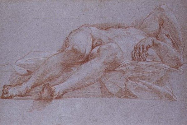 Studie voor de Figuur van Sisera, krijt op papier, ca.1680: voorbereidende tekening voor het mozaïek van Jael en Sisera voor de Kapel van de Presentatie in St. Pieter, Rome. door Carlo Maratta or Maratti