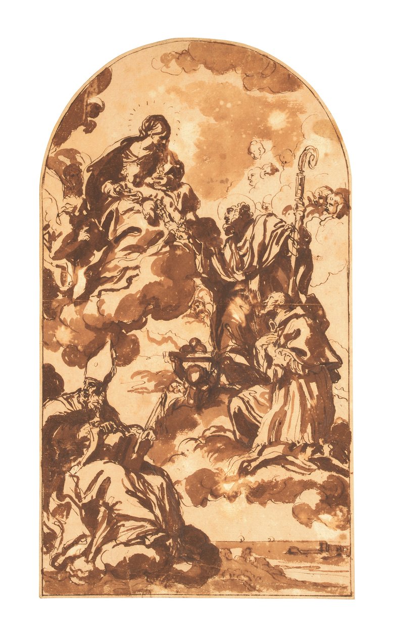 De Madonna en kind verschijnen aan de heiligen Ambrosius, Franciscus van Sales en Nicolaas van Bari door Carlo Maratta or Maratti