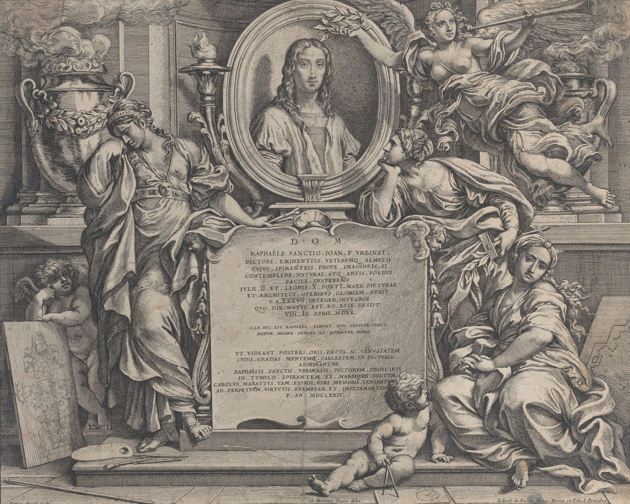 Frontispice met ovaal portret van Raphael, met drie allegorische figuren van de Kunsten, 1675 door Carlo Maratti