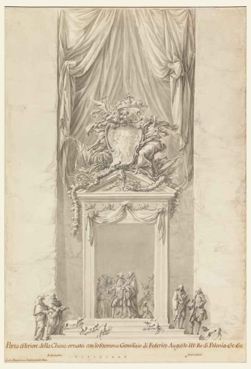 Deur van San Salvatore in Lauro met decoratie voor de begrafenis van koning Frederik August III van Polen, Rome, Italië door Carlo Marchionni