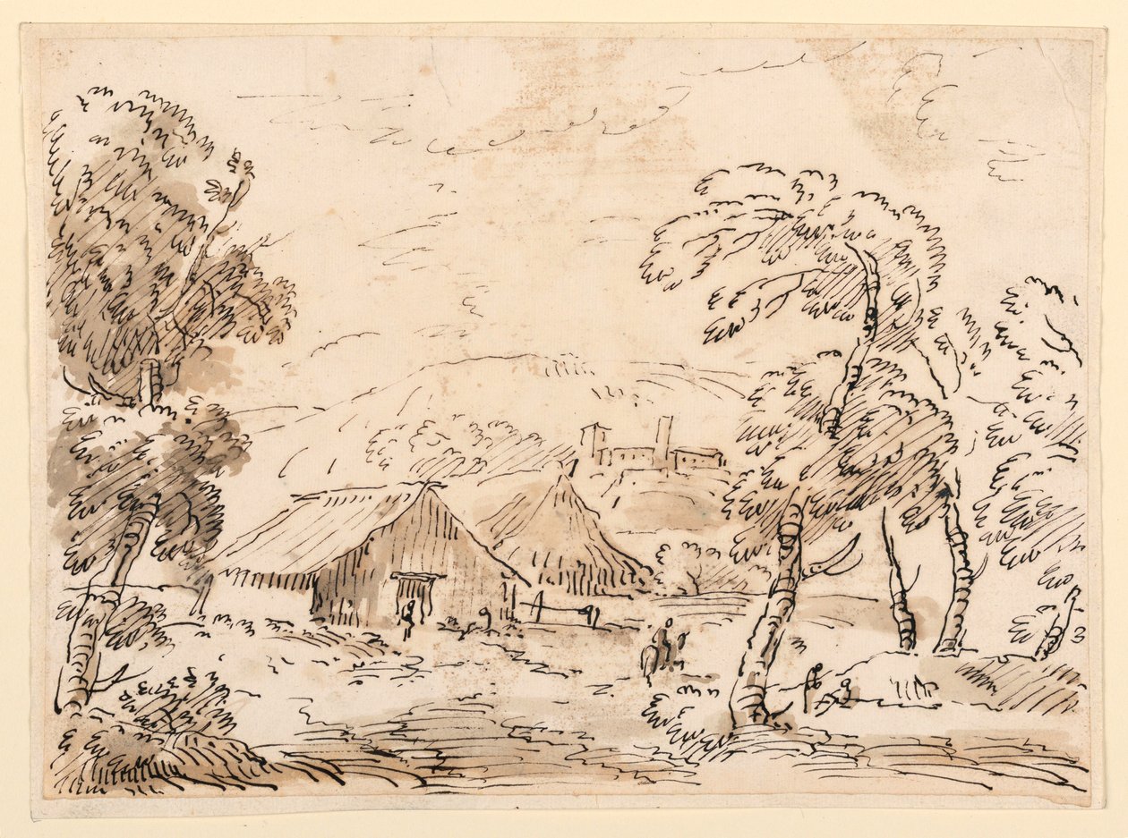 Tekening, Een boerenwoning en een kasteel in een bergachtig landschap, 1762-1786 door Carlo Marchionni