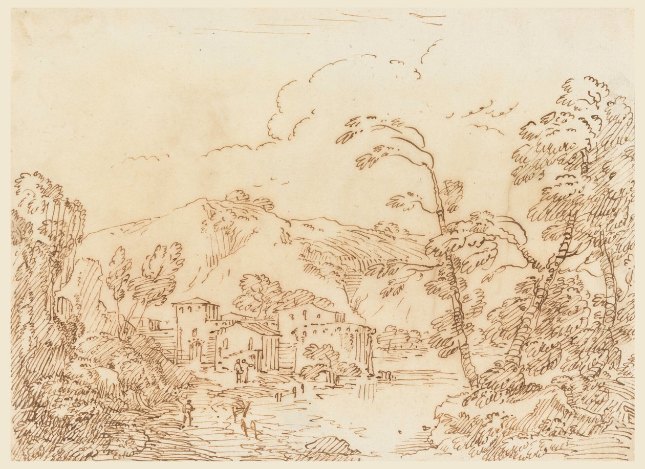 Tekening, Een dorp aan een beek in bergachtig land, 1770-86 door Carlo Marchionni