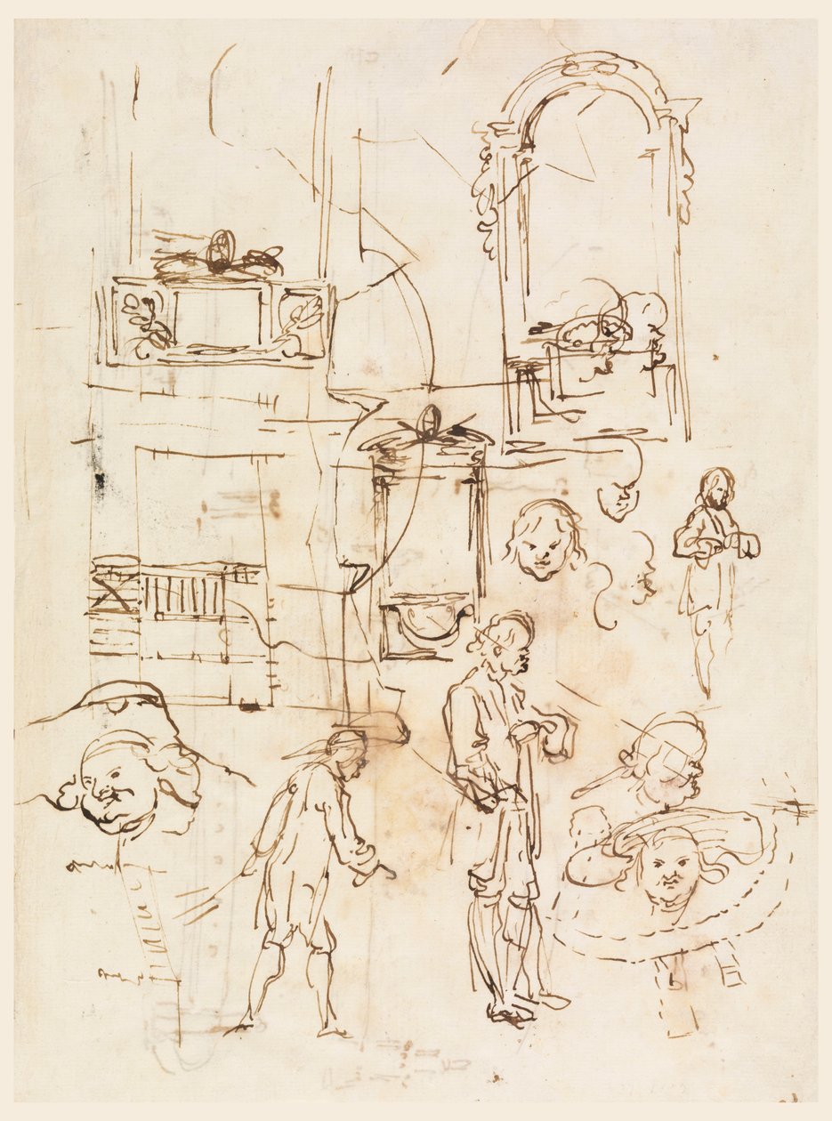 Tekening, Architecturale en Figurale Schetsen, ca. 1760 door Carlo Marchionni