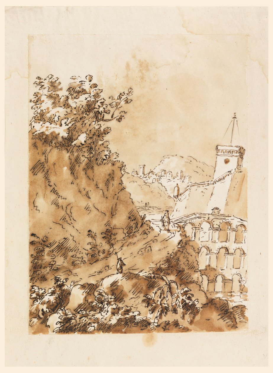 Tekening, Landschap met bergstad, 1760-80 door Carlo Marchionni