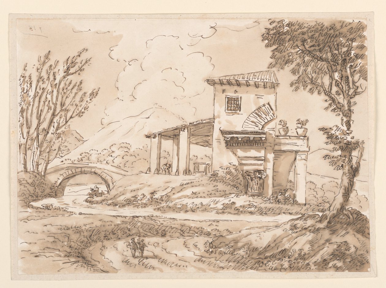 Tekening, Landschap met villa, 1750-60 door Carlo Marchionni