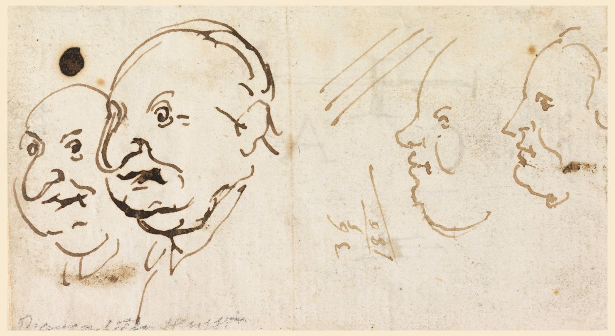Tekening, Schetsen van vier hoofden in karikatuur, 1725-75 door Carlo Marchionni