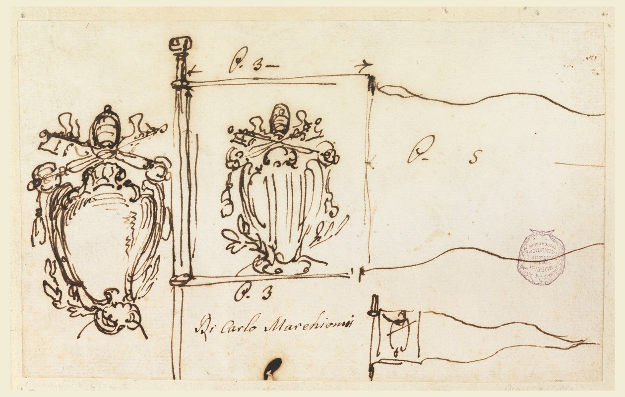 Tekening, Drie schetsen voor een standaard van paus Benedictus XIV, 1740-58 door Carlo Marchionni