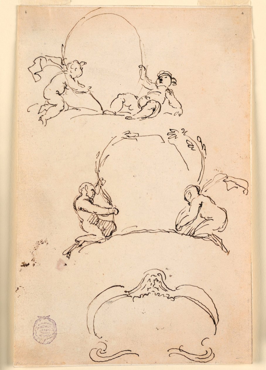 Tekening, Drie schetsen van cartouches, voor 1775 door Carlo Marchionni