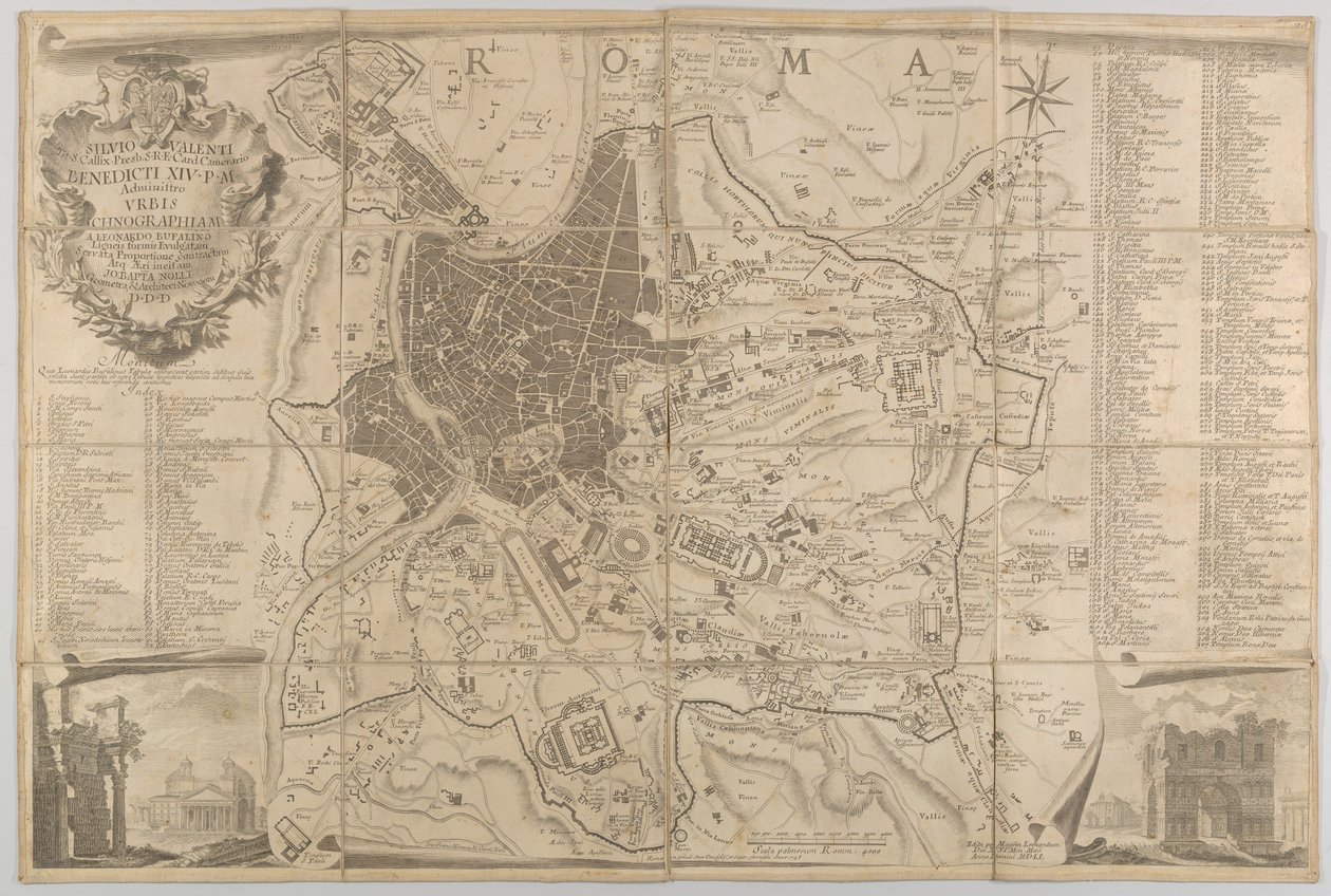 Plan van het oude Rome met een uitzicht op het Pantheon linksonder en een triomfboog rechtsonder, 1748 door Carlo Nolli