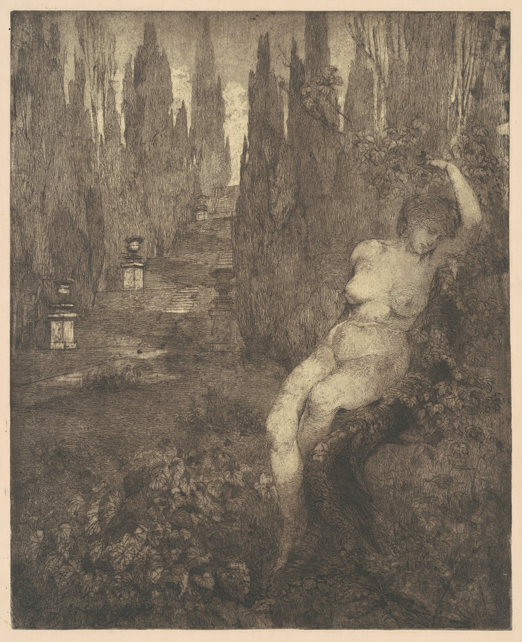 Donna ignuda addormentata nel parco [Naakte vrouw slapend in het park], 1890s door Carlo Paolo Agazzi