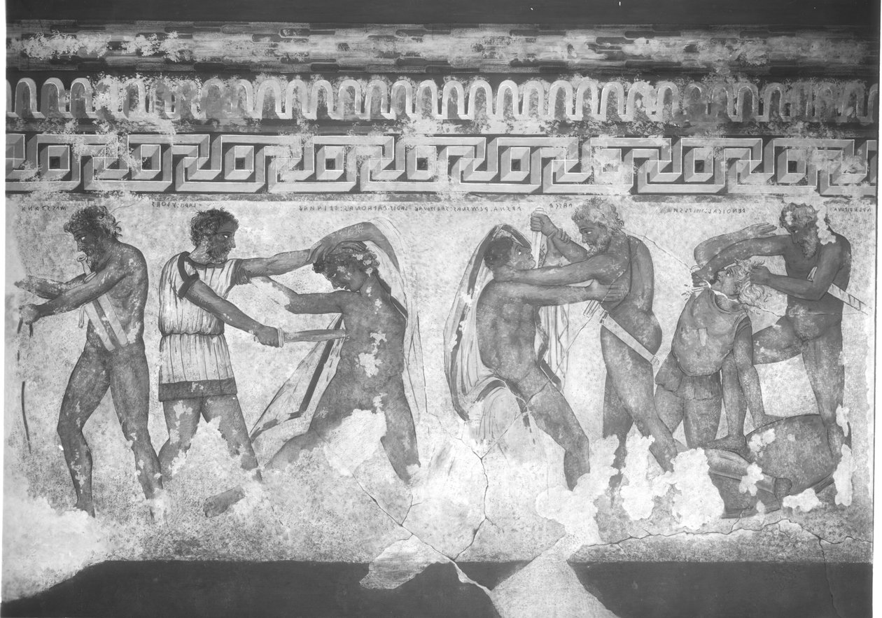 Reconstructie van de Etruskische muurschildering in het Francois-graf in Vulci, ca. 320-280 v.Chr. door Carlo Ruspi