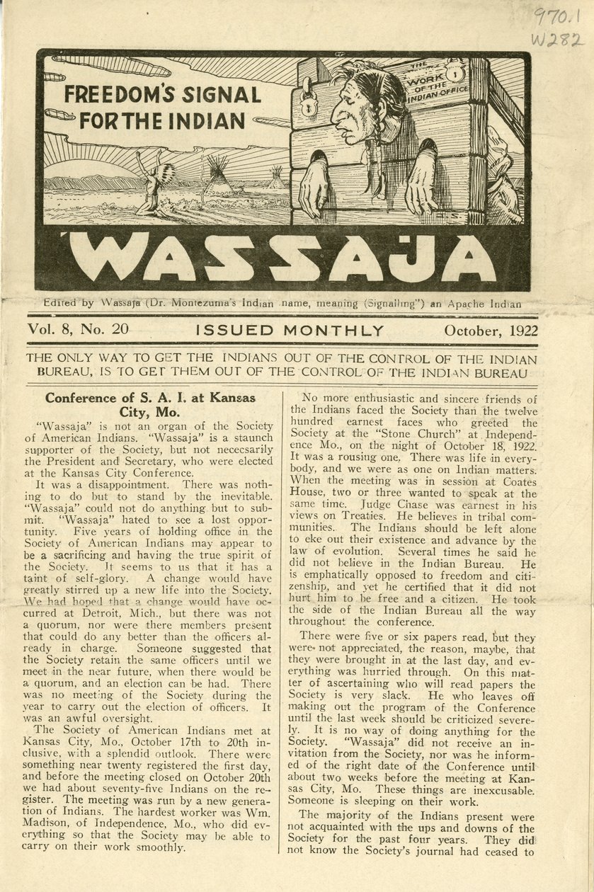 Uitgave van Wassaja, Vol. 8, No. 20, oktober 1922 door Carlos Montezuma