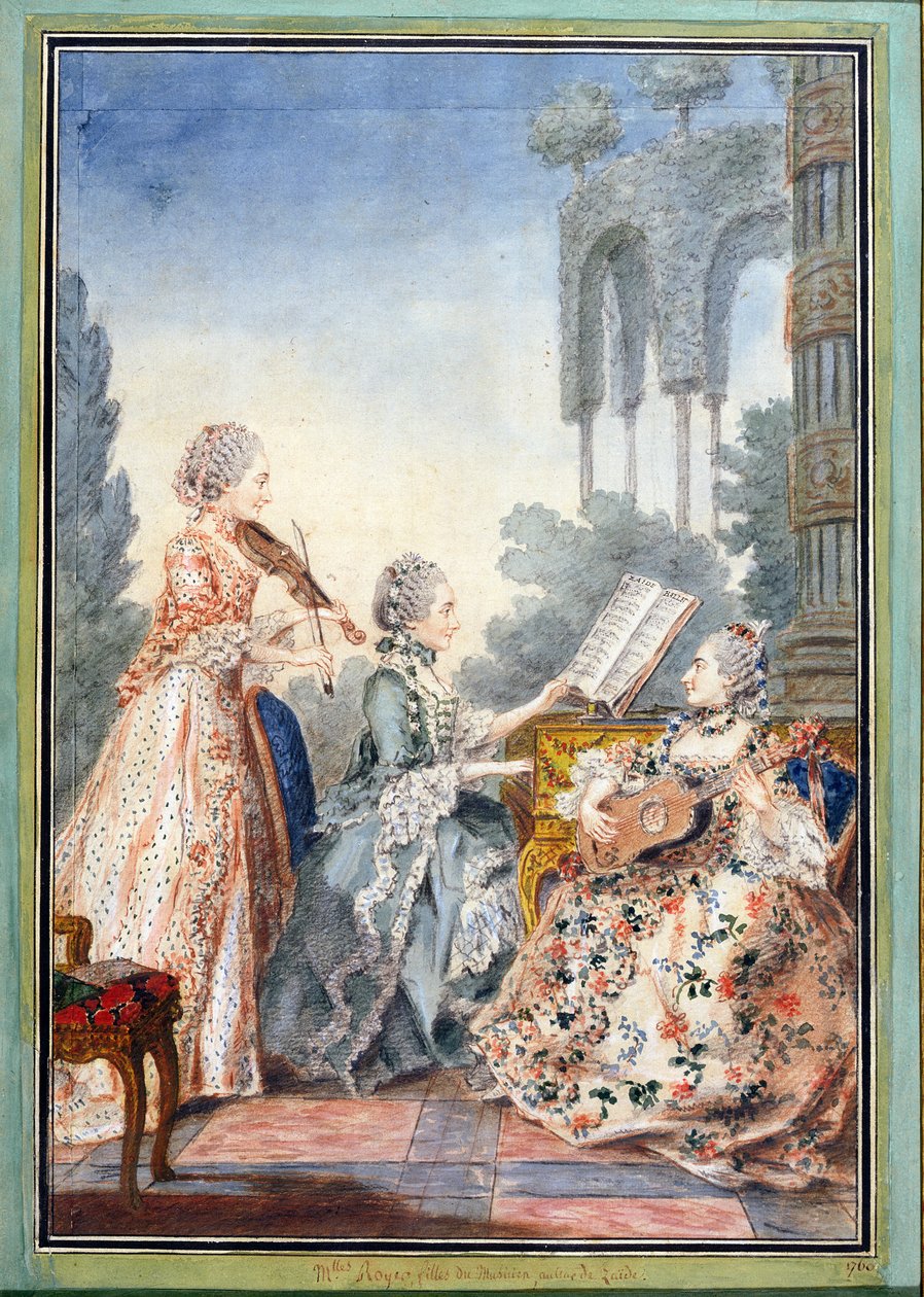 De drie dochters van de componist Joseph-Nicolas-Pancrace Royer (ca. 1705-55) spelen muziek uit zijn ballet Zaide, ca. 1760 door Louis Carrogis dit Carmontelle