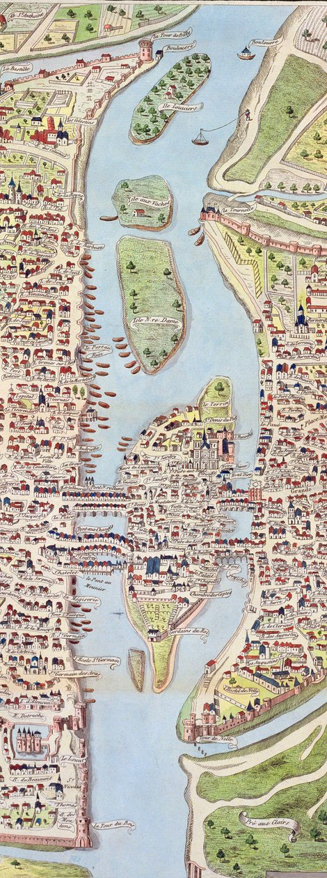 Detail van het Île de la Cité, uit de kaart van Parijs, bekend als het Plan de la Tapisserie door Caroline Naudet