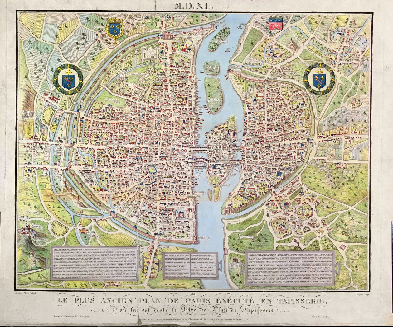 Kaart van Parijs ca. 1540, bekend als het Plan de la Tapisserie, gemaakt als een wandtapijt ca. 1571, 1818 door Caroline Naudet