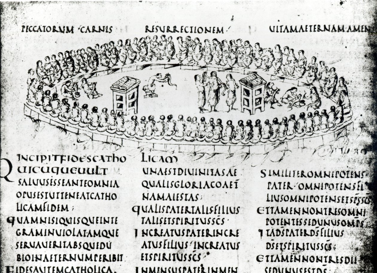 Illustratie van een scène uit een van de Psalmen, uit de Utrechtse Psalter, kopie van het origineel uit Reims nu in de Universiteitsbibliotheek Utrecht door Carolingian School