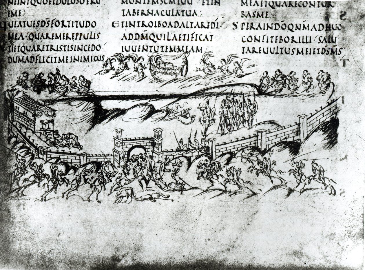 Illustratie van verschillende scènes uit Psalm 43 inclusief het vers Ontwaak, waarom slaapt Gij, o Heer?, uit de Utrechtse Psalter, kopie van het origineel uit Reims nu in de Universiteitsbibliotheek Utrecht door Carolingian School
