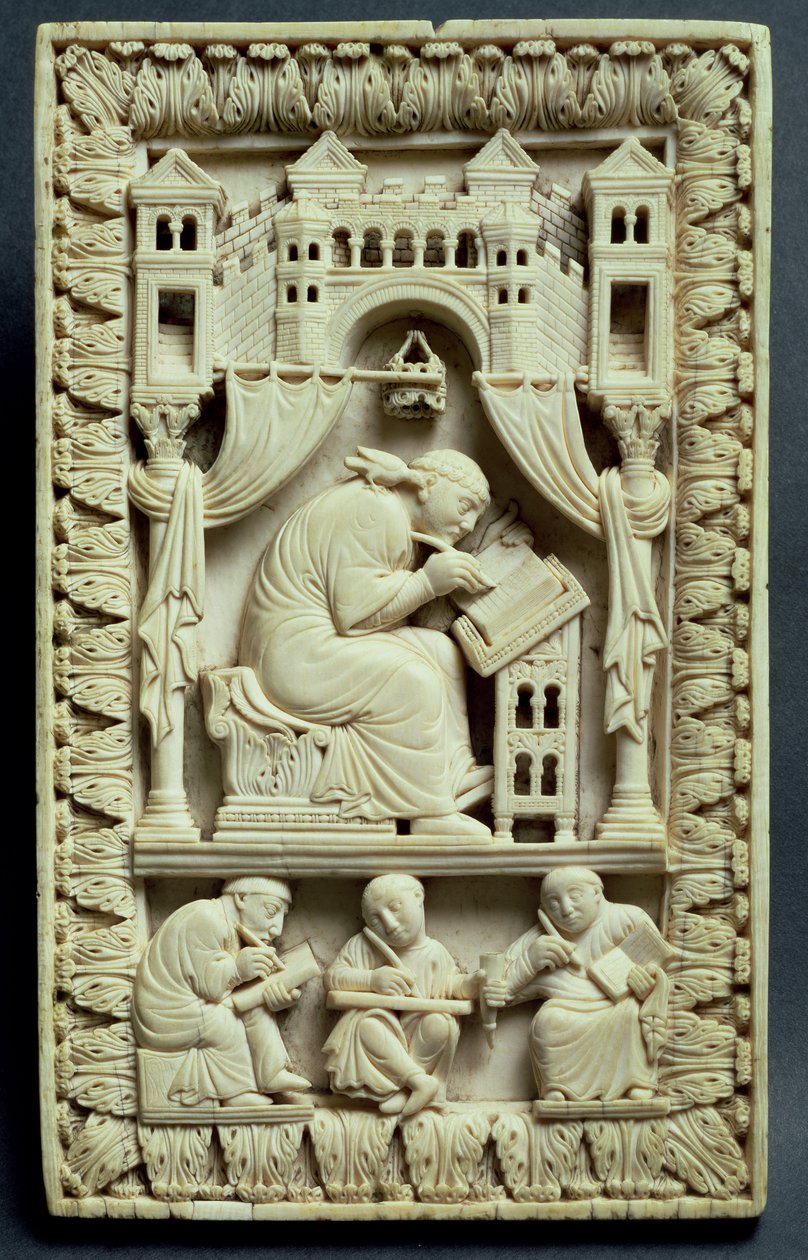 St. Gregorius schrijvend met schrijvers eronder, Franco-Duitse school, c.850-875 door Carolingian School