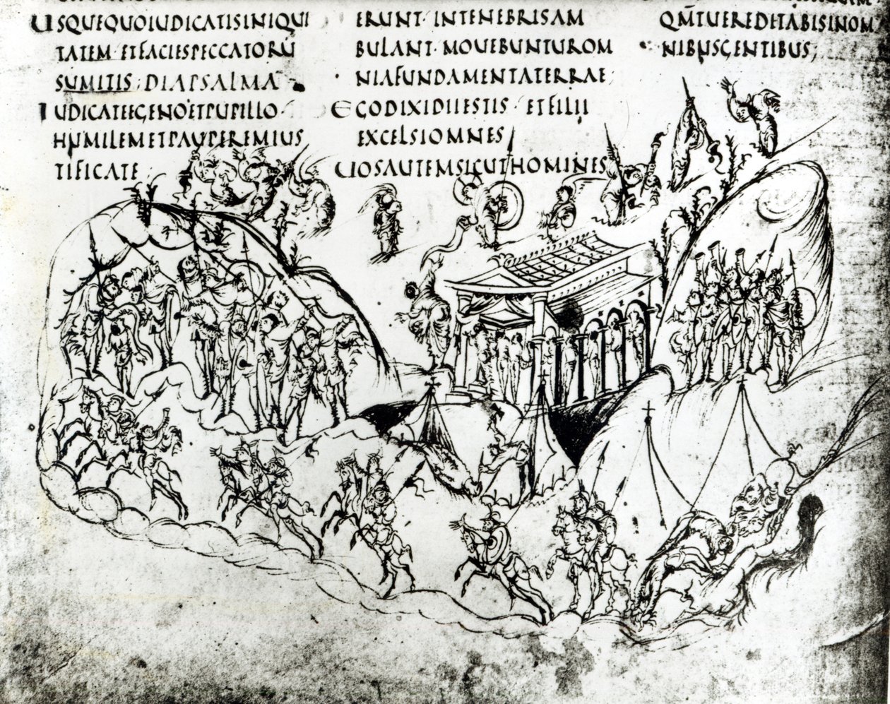 Verschillende scènes die een psalm illustreren, uit de Utrechtse Psalter, kopie van het origineel uit Reims nu in de Universiteitsbibliotheek Utrecht door Carolingian School