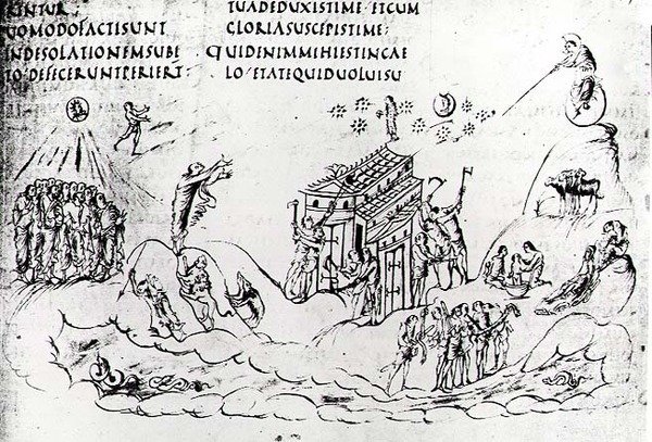 Verschillende scènes die een van de Psalmen illustreren, uit de Utrechtse Psalter, kopie van origineel uit Reims nu in de Universiteitsbibliotheek Utrecht door Carolingian School