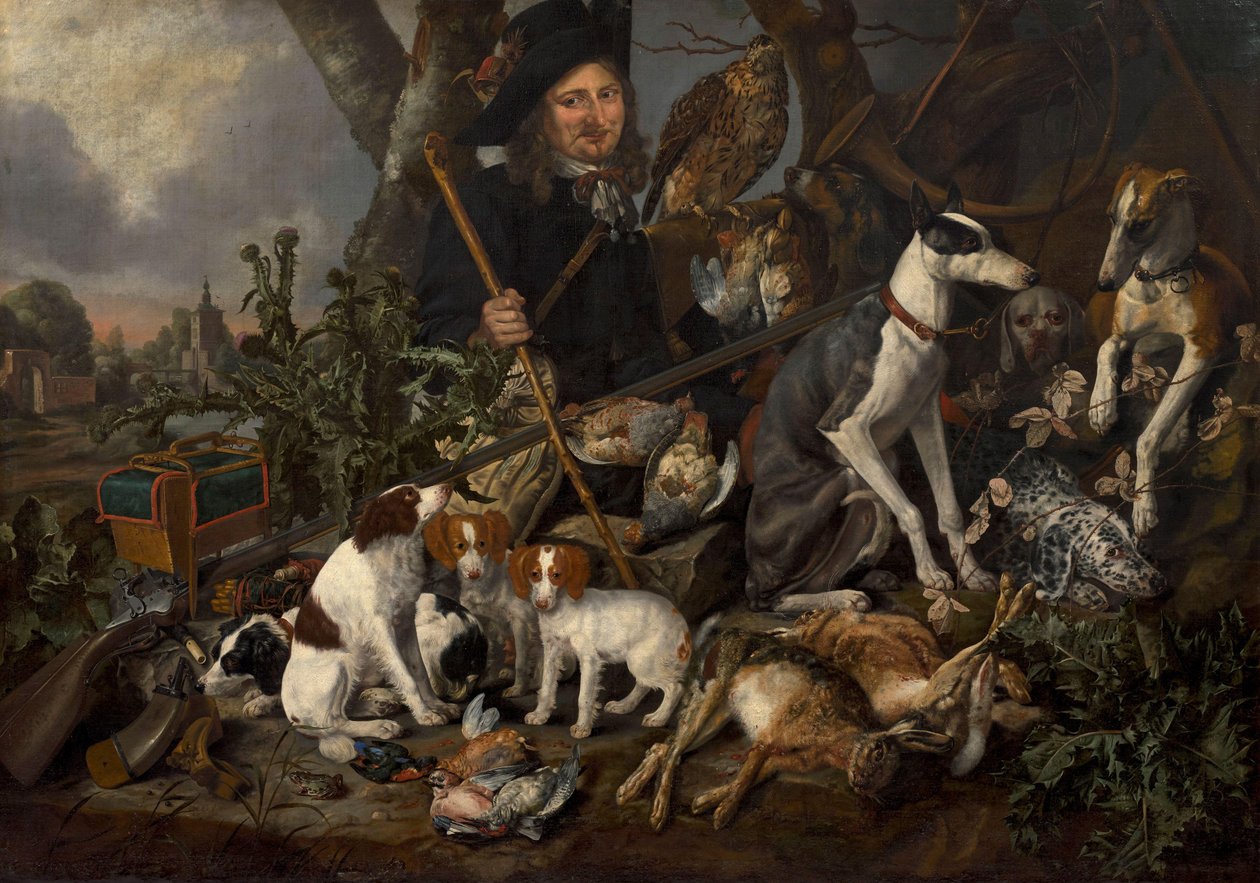 Herenjager met zijn honden en jachttrofeeën door Carstian Luyckx