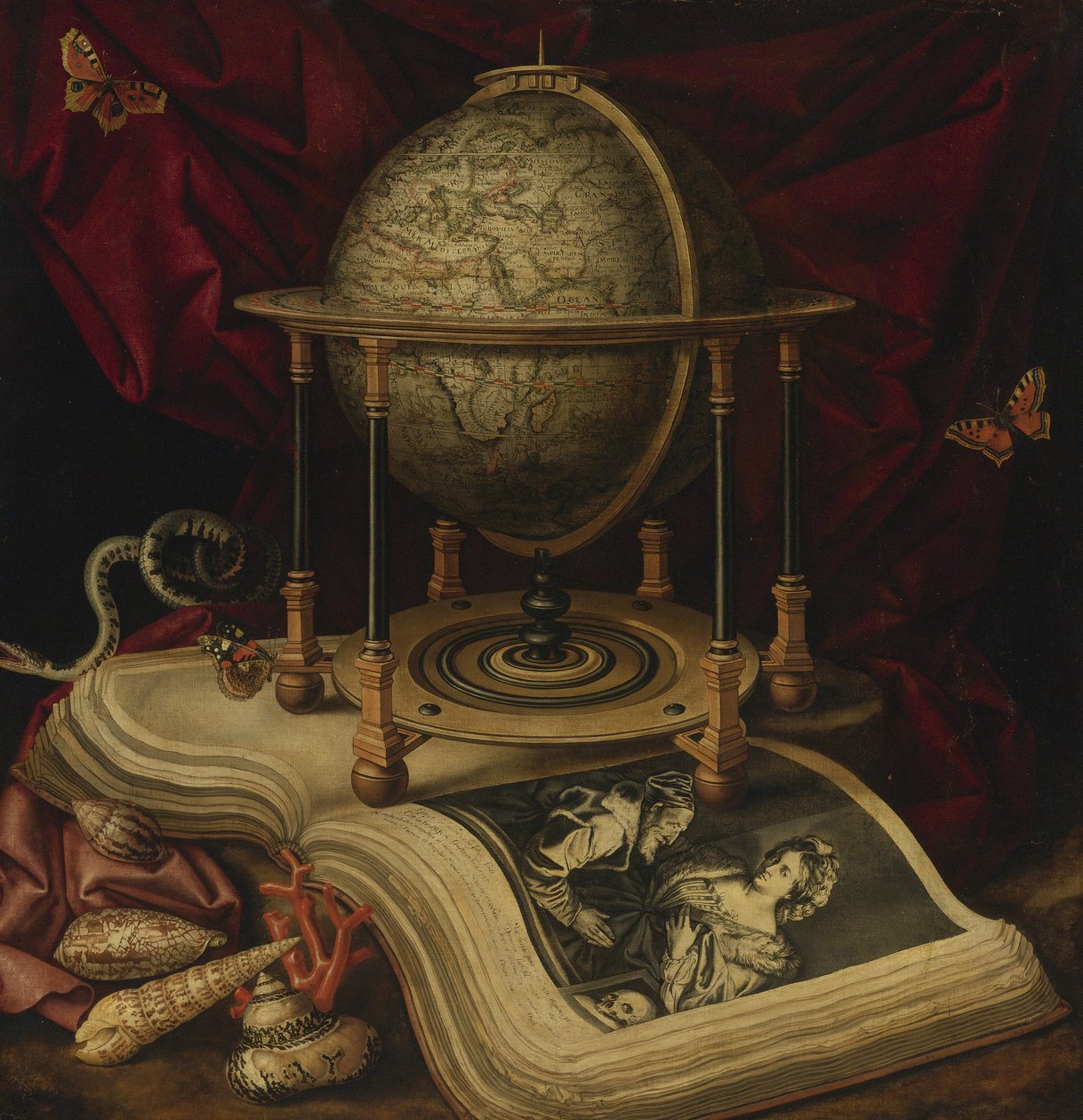 Vanitas stilleven met een aardse globe, een boek, schelpen, een slang en vlinders door Carstian Luyckx