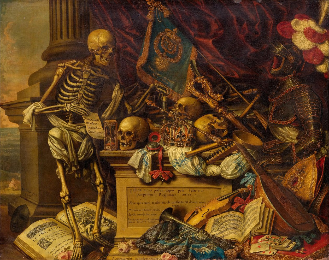 Vanitas Stilleven met muziekinstrumenten, boeken, bladmuziek, skelet, schedel en harnas, 17e eeuw door Carstian Luyckx