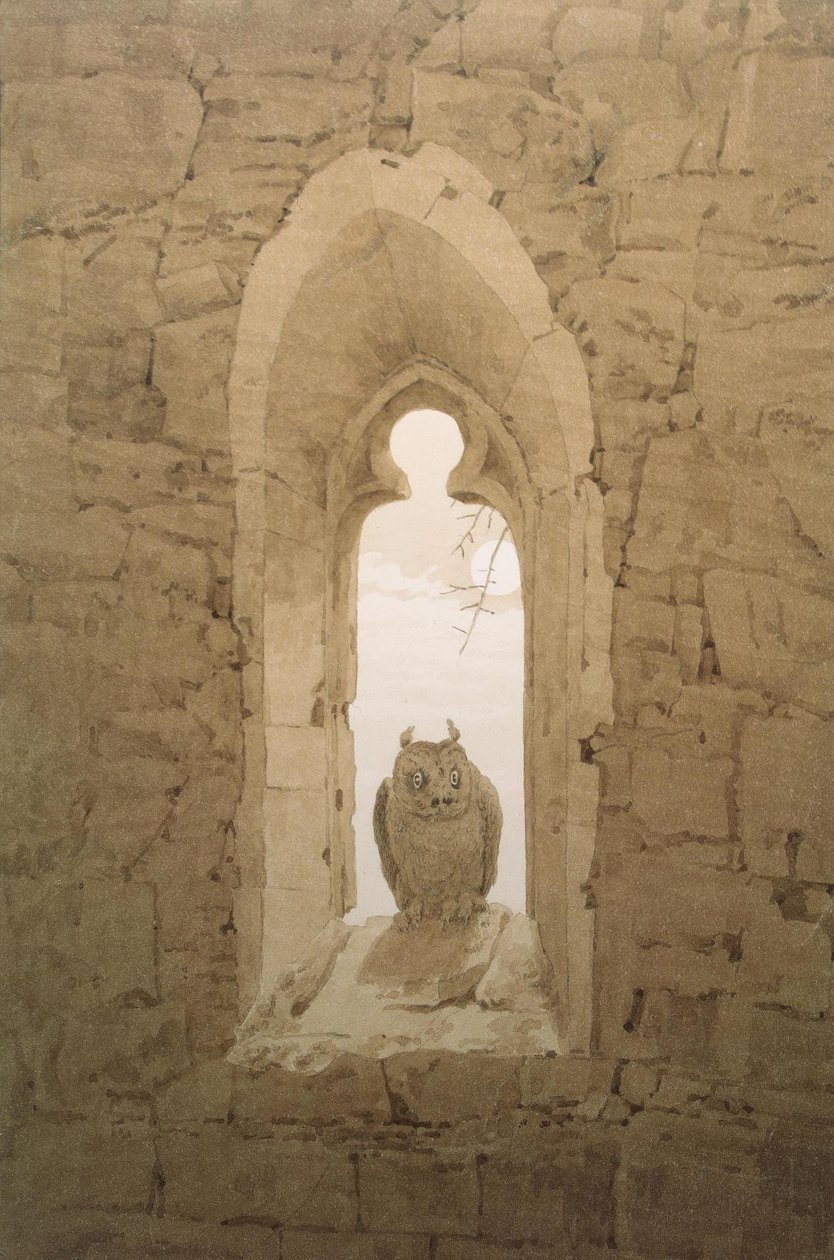Uil in de gotische vensternis door Caspar David Friedrich
