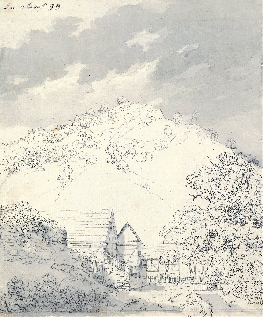 Boerderijen bij een heuvel door Caspar David Friedrich