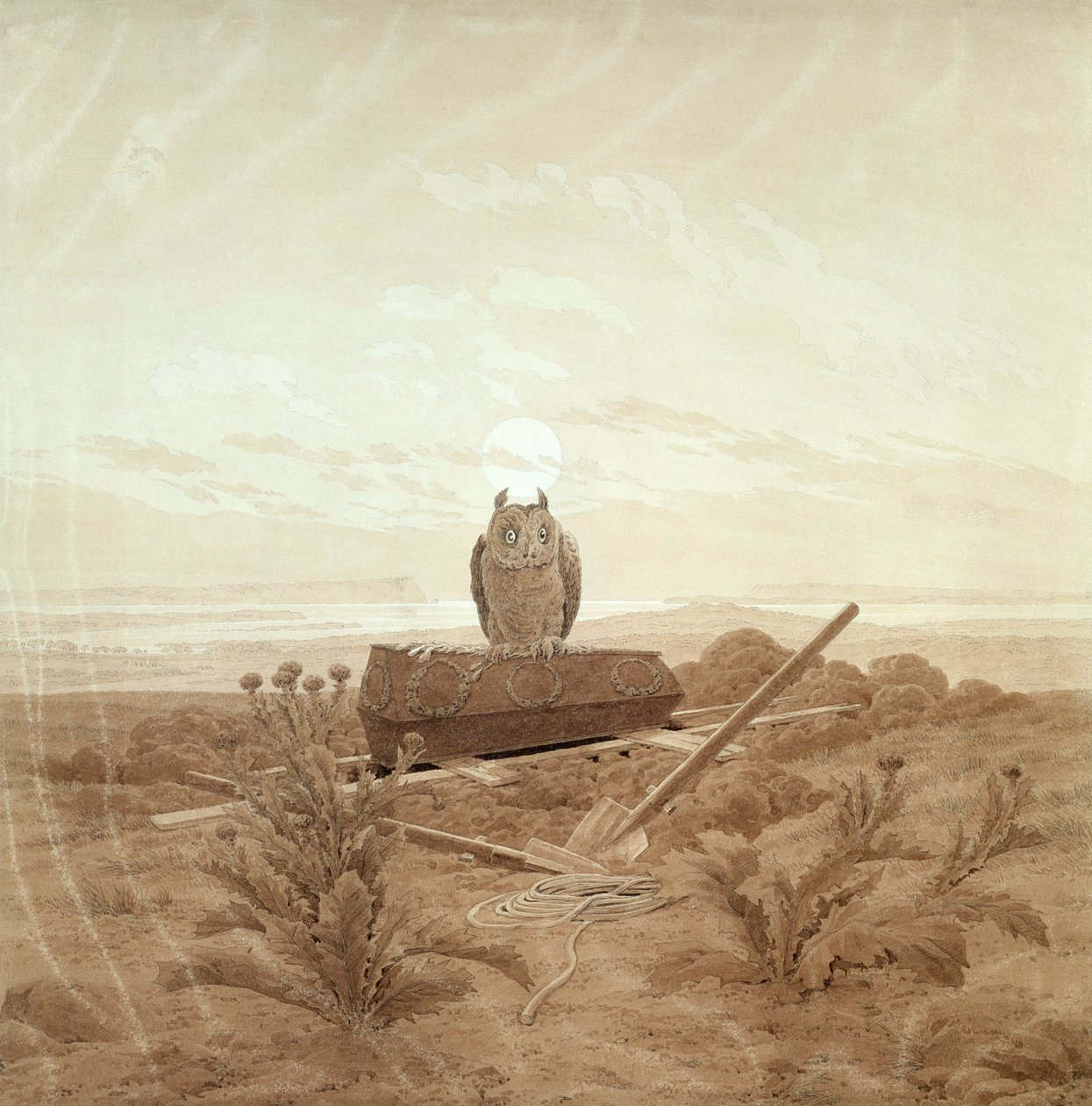 Landschap met Graf, Kist en Uil door Caspar David Friedrich