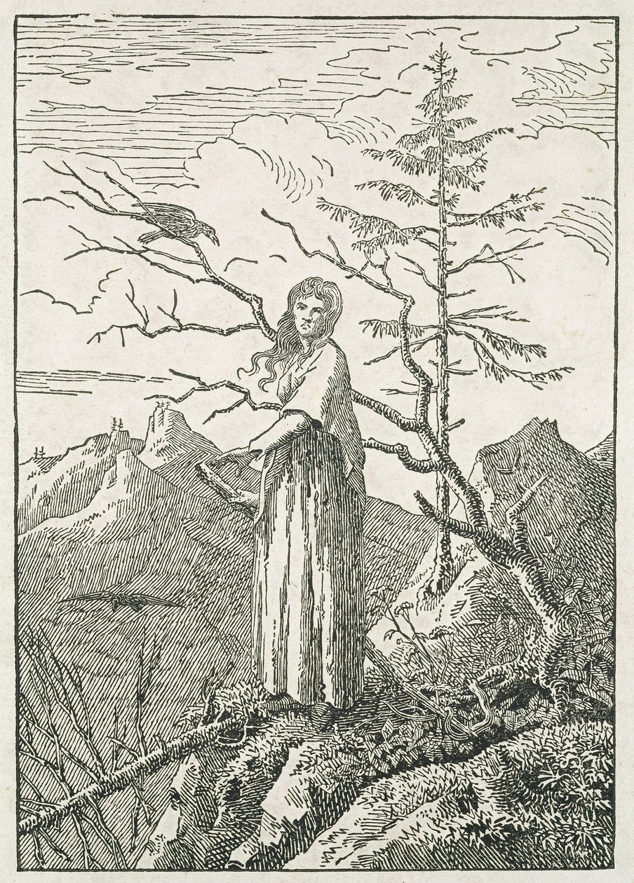 Vrouw met een Raaf, op de Rand van een Afgrond door Caspar David Friedrich