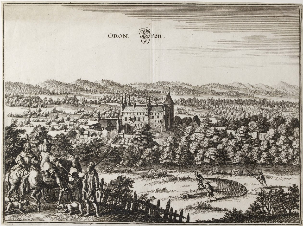 Uitzicht op het Kasteel van Oron, Zwitserland, 1653 door Caspar Merian