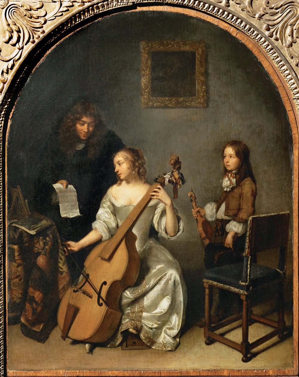 La lecon de basse de viol - De celloles ... door Caspar (studio of) Netscher