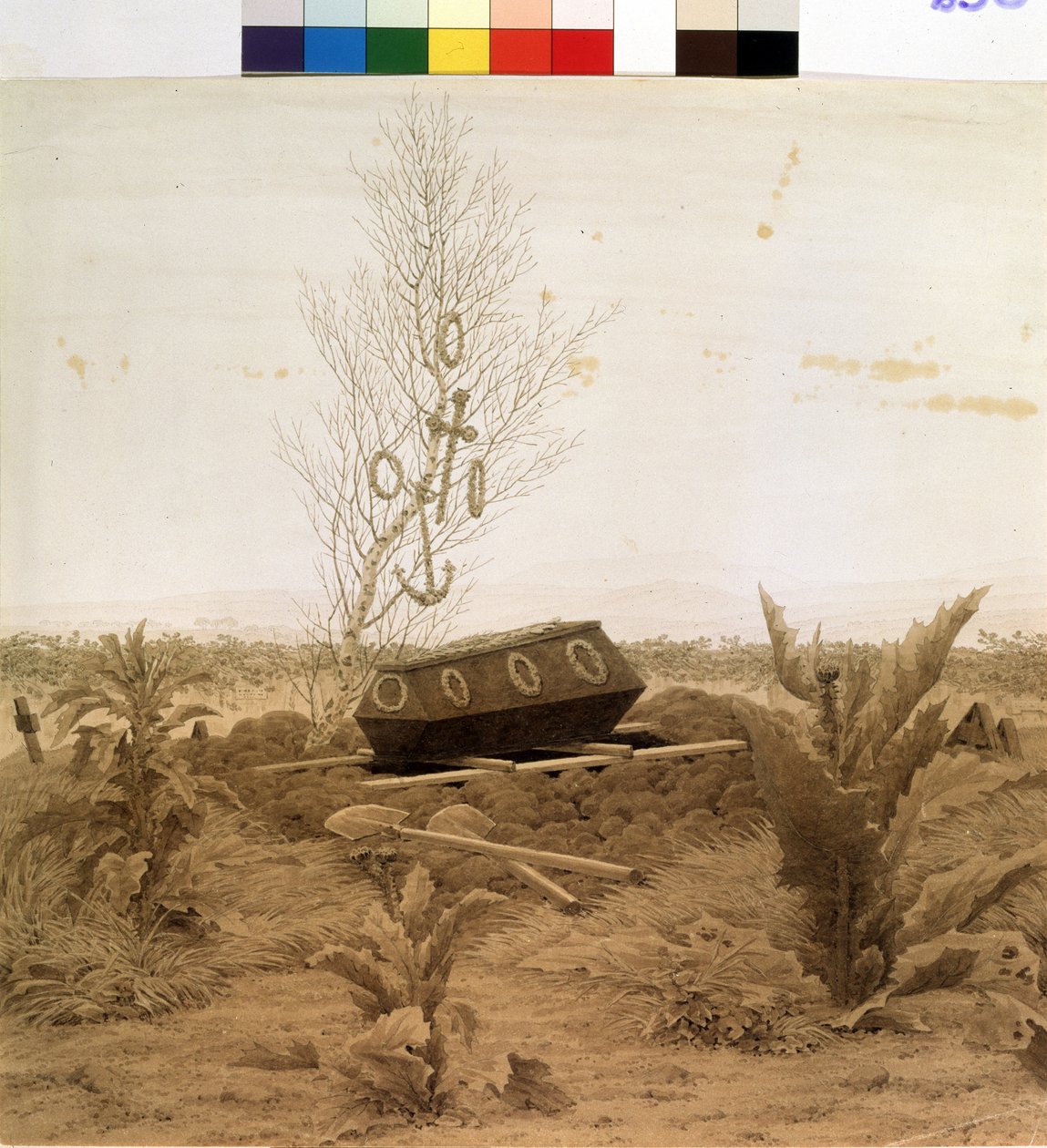 Aan de rand van het graf. Een kist die op het punt staat in het graf te worden neergelaten. door Caspar David Friedrich