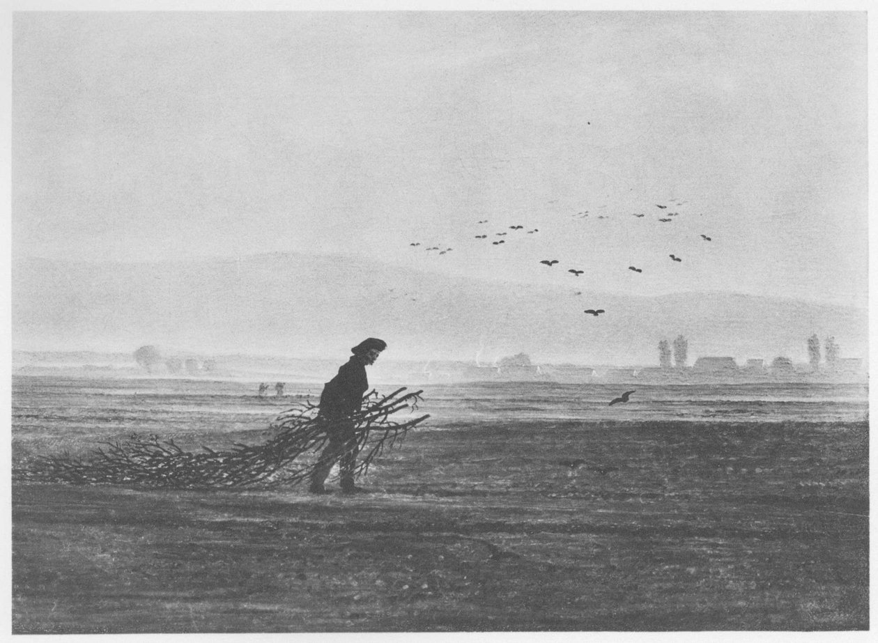 Herfstlandschap met een man die hout sprokkelt door Caspar David Friedrich