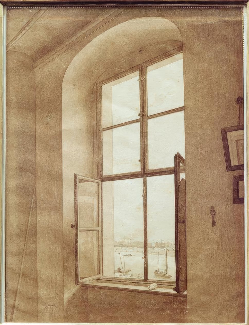 Uitzicht vanuit het atelier van de kunstenaar (linker raam) door Caspar David Friedrich