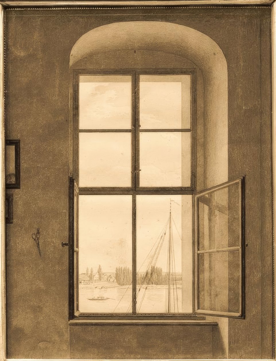 Uitzicht vanuit het atelier van de kunstenaar (rechter raam) door Caspar David Friedrich