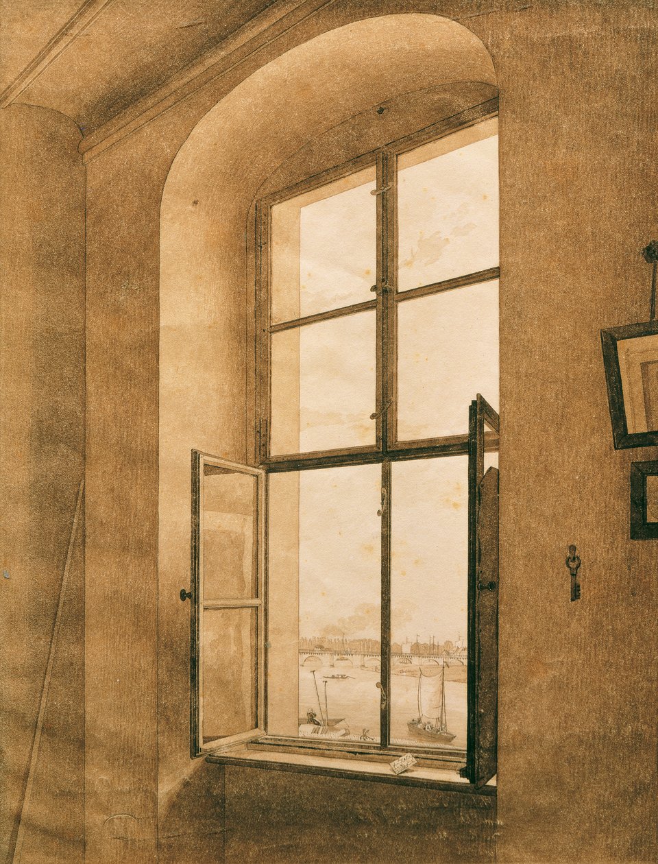 Uitzicht vanuit het atelier van de kunstenaar in Dresden op de Elbe (linker raam) door Caspar David Friedrich