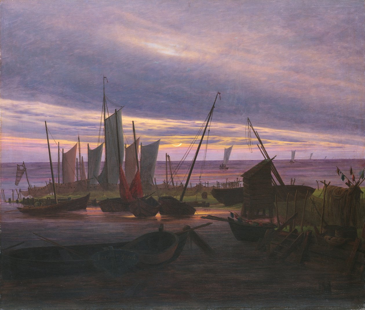 Boten in de haven bij avond, c. 1828 door Caspar David Friedrich