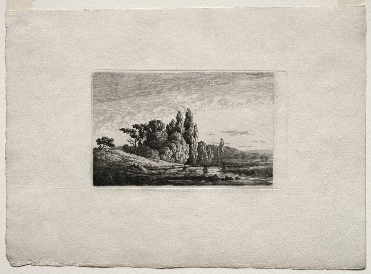 Voetbrug met Kruis voor Bomen bij een Rivier door Caspar David Friedrich