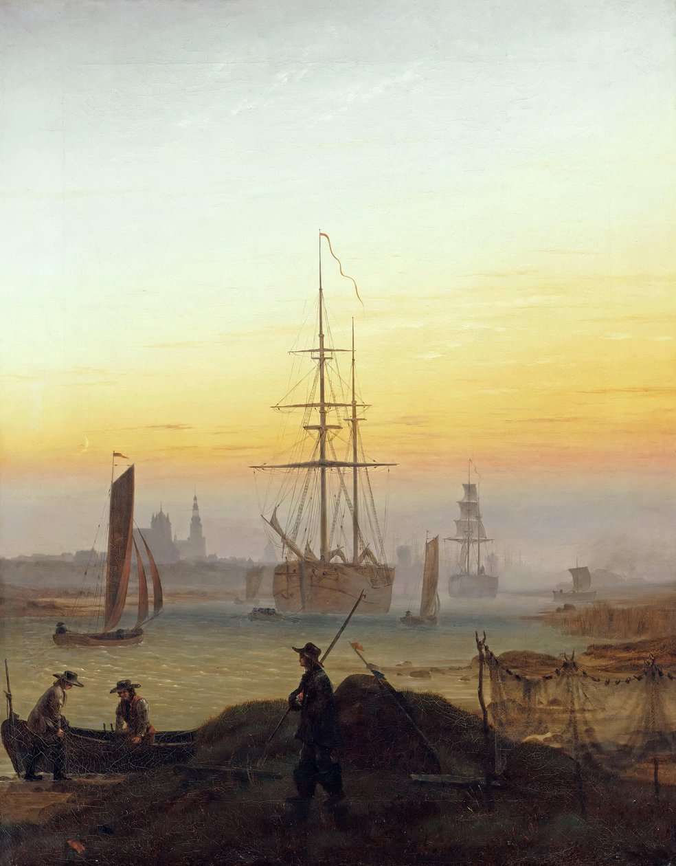Duits: Der Greifswalder Hafen De haven van Greifswald door Caspar David Friedrich
