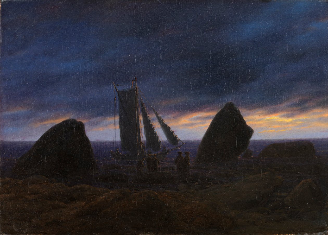 Duits: Fischerboot zwischen Findlingen am Ostseestrand Vissersboot tussen twee rotsen op het strand van de Oostzee door Caspar David Friedrich