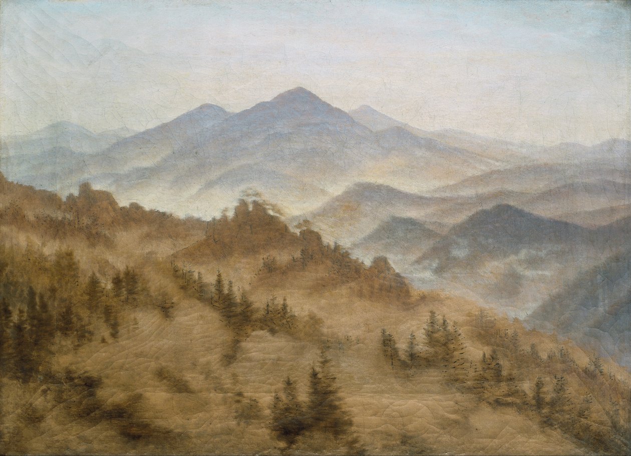 Duits: Gebirge bei aufsteigenem Nebel Landschap met de Rosenberg in de Boheemse Bergen door Caspar David Friedrich