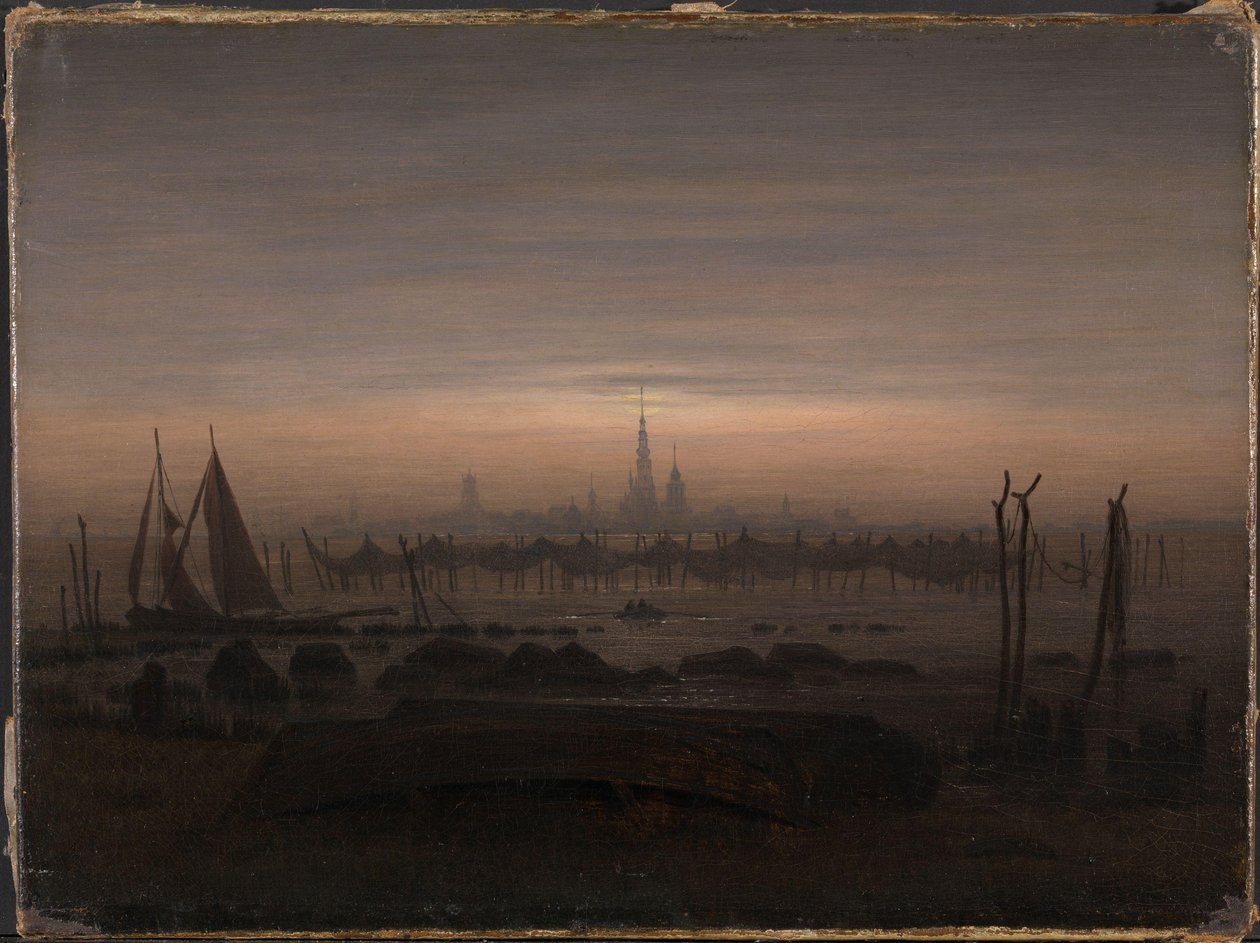 Duits: Greifswald in maanlicht Greifswald in maanlicht door Caspar David Friedrich