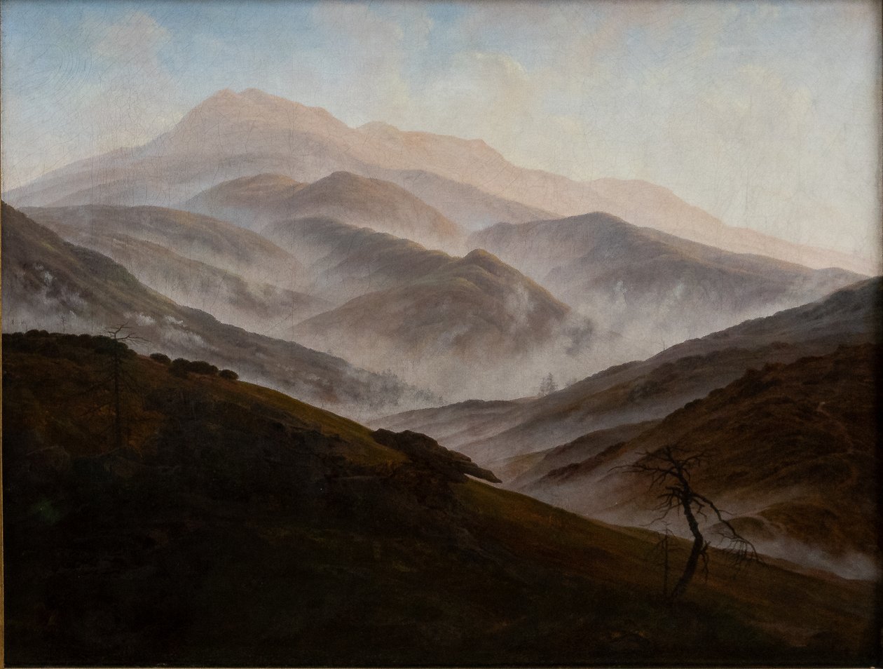 Duits: Riesengebirgslandschaft mit aufsteigendem Nebel Reuzengebergte Landschap met opkomende mist door Caspar David Friedrich