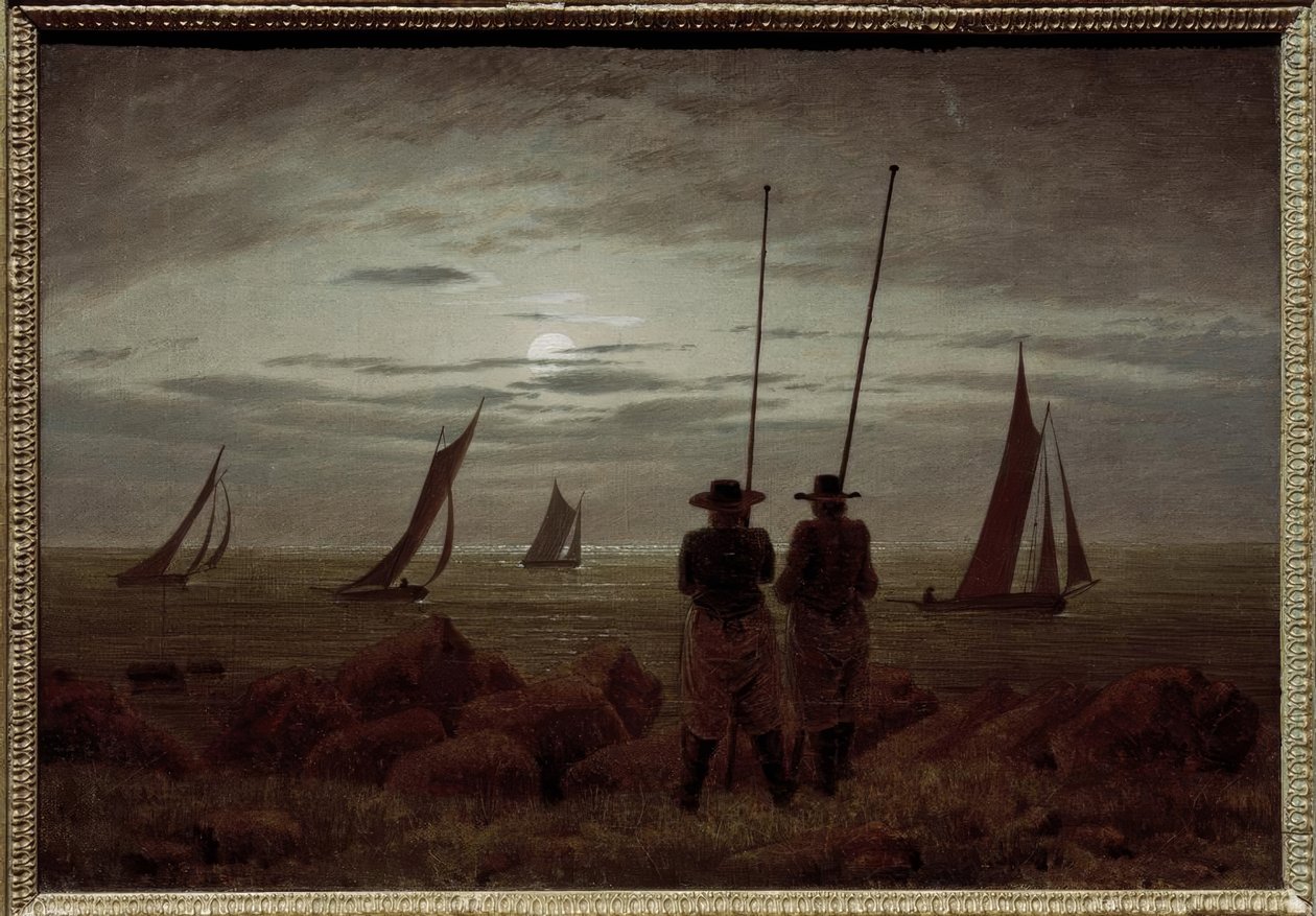 Maanlicht aan het strand met vissers door Caspar David Friedrich