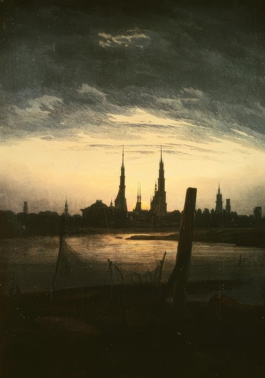 Stad bij maanopkomst door Caspar David Friedrich